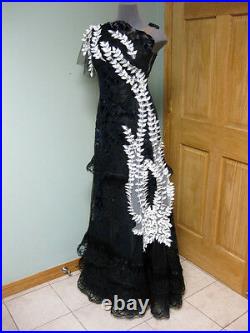 $16495 Rodarte White Cascading Draped Floral Leaf Navy Black Velvet Lace Gown 6