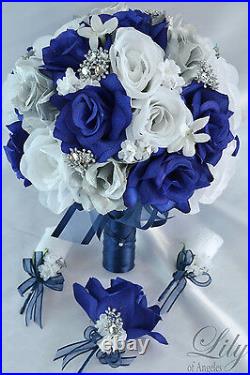 17 Piece Package Silk Flower Wedding Bridal Bouquet Party NAVY BLUE SILVER WHITE