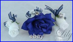 17 Piece Package Silk Flower Wedding Bridal Bouquet Party NAVY BLUE SILVER WHITE