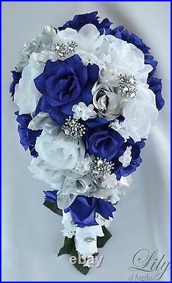 17 Piece Package Silk Flower Wedding Bridal Cascade Bouquet NAVY BLUE SILVER