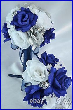 17 Piece Package Silk Flower Wedding Bridal Cascade Bouquet NAVY BLUE SILVER