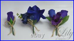 17 Piece Package Wedding Bridal Bouquet Silk Flower NAVY DARK BLUE PURPLE RUSTIC