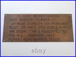 1942 US Navy Military WM Edgar John Bureau Plan Motor Boat Launch Brass Plaque