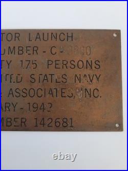 1942 US Navy Military WM Edgar John Bureau Plan Motor Boat Launch Brass Plaque