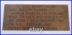 1942 US Navy Military WM Edgar John Bureau Plan Motor Boat Launch Brass Plaque