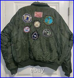 1980s Green USN NAVY Flight Jacket With 9 Patches From The 1970s-1990s Named (E)