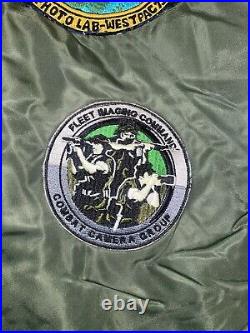 1980s Green USN NAVY Flight Jacket With 9 Patches From The 1970s-1990s Named (E)