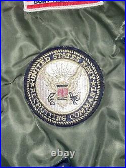 1980s Green USN NAVY Flight Jacket With 9 Patches From The 1970s-1990s Named (E)