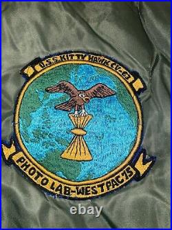 1980s Green USN NAVY Flight Jacket With 9 Patches From The 1970s-1990s Named (E)