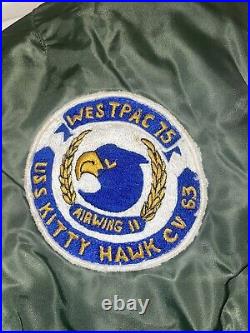 1980s Green USN NAVY Flight Jacket With 9 Patches From The 1970s-1990s Named (E)