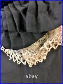 #21-095, Elegant 1870's 2pc Black Silk and Navy Velvet Bustle Gown Fan Pocket