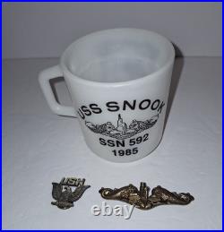 3pc US Navy Lot Coffee Cup, Sterling Submarine Warfare Insignia, Cap Badge VTG