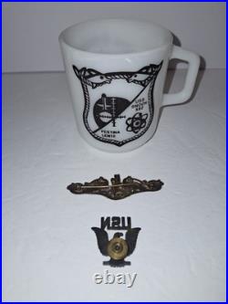 3pc US Navy Lot Coffee Cup, Sterling Submarine Warfare Insignia, Cap Badge VTG