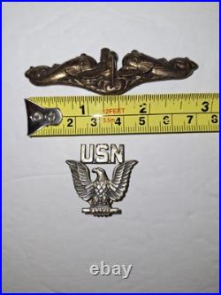 3pc US Navy Lot Coffee Cup, Sterling Submarine Warfare Insignia, Cap Badge VTG