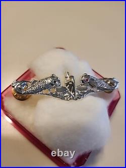 925 Sterling Silver Us Navy Submariner Dolphins Badge Pin With Ruby And Emerald