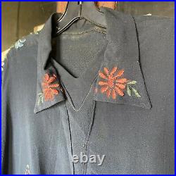 Antique 1920s Navy Blue Peasant Blouse Floral Embroidery Dress Shirt Vintage