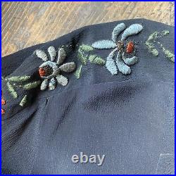 Antique 1920s Navy Blue Peasant Blouse Floral Embroidery Dress Shirt Vintage