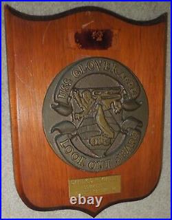Antique 1974 USS Glover AGDE-1 Heavy Pure Brass Presentation Plaque on Wood Base