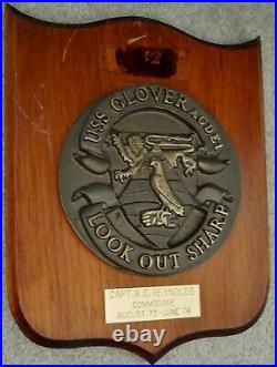 Antique 1974 USS Glover AGDE-1 Heavy Pure Brass Presentation Plaque on Wood Base