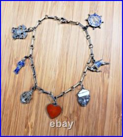 Antique Sterling Silver and Enamel United States Navy Sweetheart Charm Bracelet