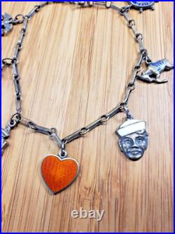 Antique Sterling Silver and Enamel United States Navy Sweetheart Charm Bracelet
