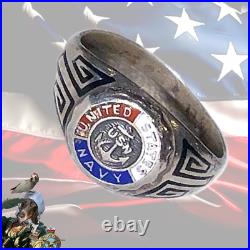 Antique Usn United States Navy Wwii Sterling Silver Enamel Ring Unique One Off