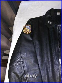 Black Leather Flight Style Jacket USN US Navy Patches Embroidery Tomcat XL