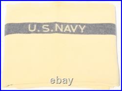 C1940s Vintage USN WWII US Navy Wool Blanket Military Cream White Blue Stripe