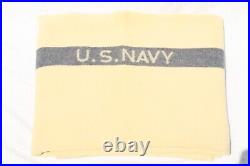 C1940s Vintage USN WWII US Navy Wool Blanket Military Cream White Blue Stripe