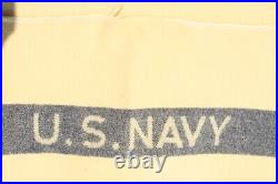 C1940s Vintage USN WWII US Navy Wool Blanket Military Cream White Blue Stripe