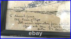 Etching USS Robison DDG-12 W Hand Written Note Fr Captain Cox To Admiral James