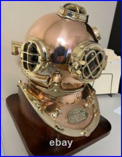 Mark V US Navy Full Size Copper and Brass Diving Helmet with Wooden Base design
