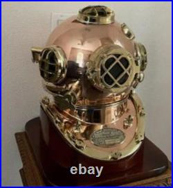 Mark V US Navy Full Size Copper and Brass Diving Helmet with Wooden Base design