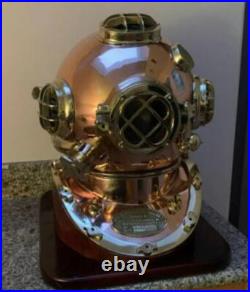 Mark V US Navy Full Size Copper and Brass Diving Helmet with Wooden Base design