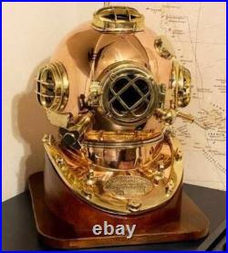 Mark V US Navy Full Size Copper and Brass Diving Helmet with Wooden Base design