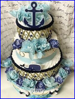 Nautical Baby Shower 4 Tier Large Turquoise, Navy and Gold Diaper Cake Gift