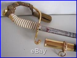 Post WWII Model 1852 USN US Navy-Naval Officers Etched Sword withScabbard+Bag+Belt