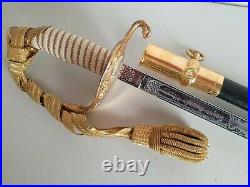 Post WWII Model 1852 USN US Navy-Naval Officers Etched Sword withScabbard+Bag-ID'd
