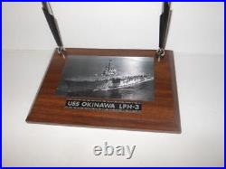 Rare Uss Okinawa Us Lph-3 Naval Aircraft Carrier Engraved Desk Pen Set Wwii Navy