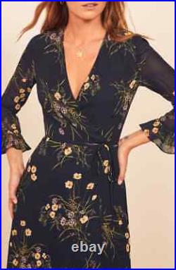 Reformation Mulberry Floral Print Wrap Mademoiselle MIDI Navy- Dress M=6-8