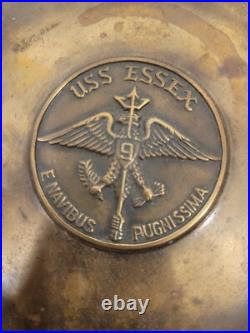 Solid Brass Medallion Tray of the USS ESSEX Ships Motto 1940-50s Naval History