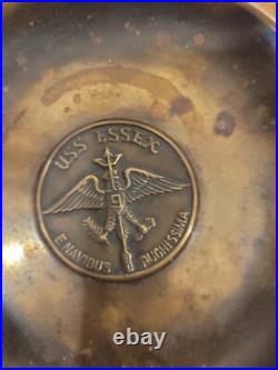 Solid Brass Medallion Tray of the USS ESSEX Ships Motto 1940-50s Naval History