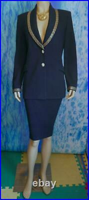 St John Evening Navy Blue Jacket New Skirt L 12 10 2pc Suit Metallic Gold Sequin