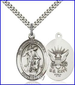 Sterling Silver Guardian Angel US Navy Medal Pendant Necklace 24 Chain GiftBox