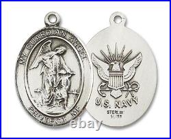 Sterling Silver Guardian Angel US Navy Medal Pendant Necklace 24 Chain GiftBox