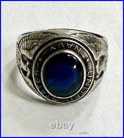 U. S. Naval Forces Ring United States Navy Sterling Silver Blue Stone 184g Sz 10
