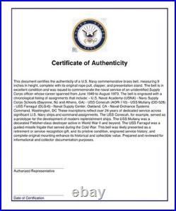 U. S Navy Commemorative Brass Bell 1949-1973 Engraved service Record, Stand, COA