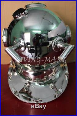 U. S Navy Mark V Solid Brass BOSTON Divers Helmet Full Size In Beautiful nikil