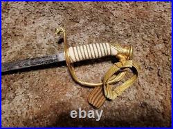 U. S. Navy Officers Dress Sword in Scabbard with Etched Blade WW ll Era NS Myer