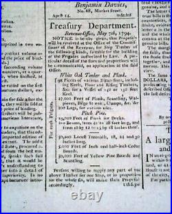 UNITED STATES NAVY Creation with Initial Frigates Construction Plan 1794 Newspaper